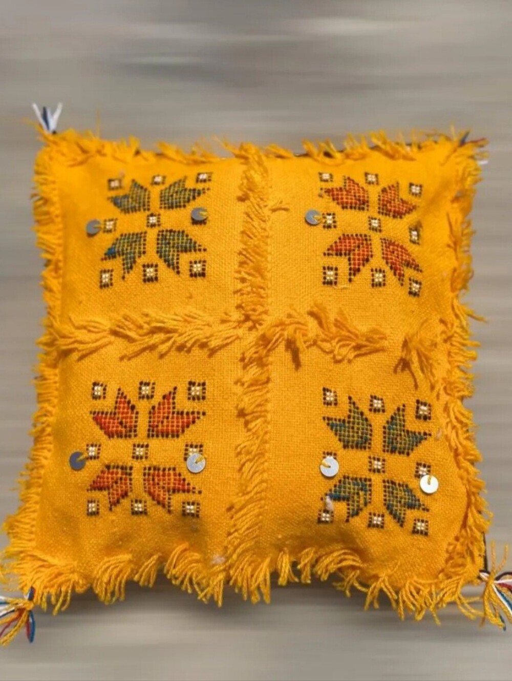NEW Handmade Handira Cushion Yellow Berber Embroidered Cushion